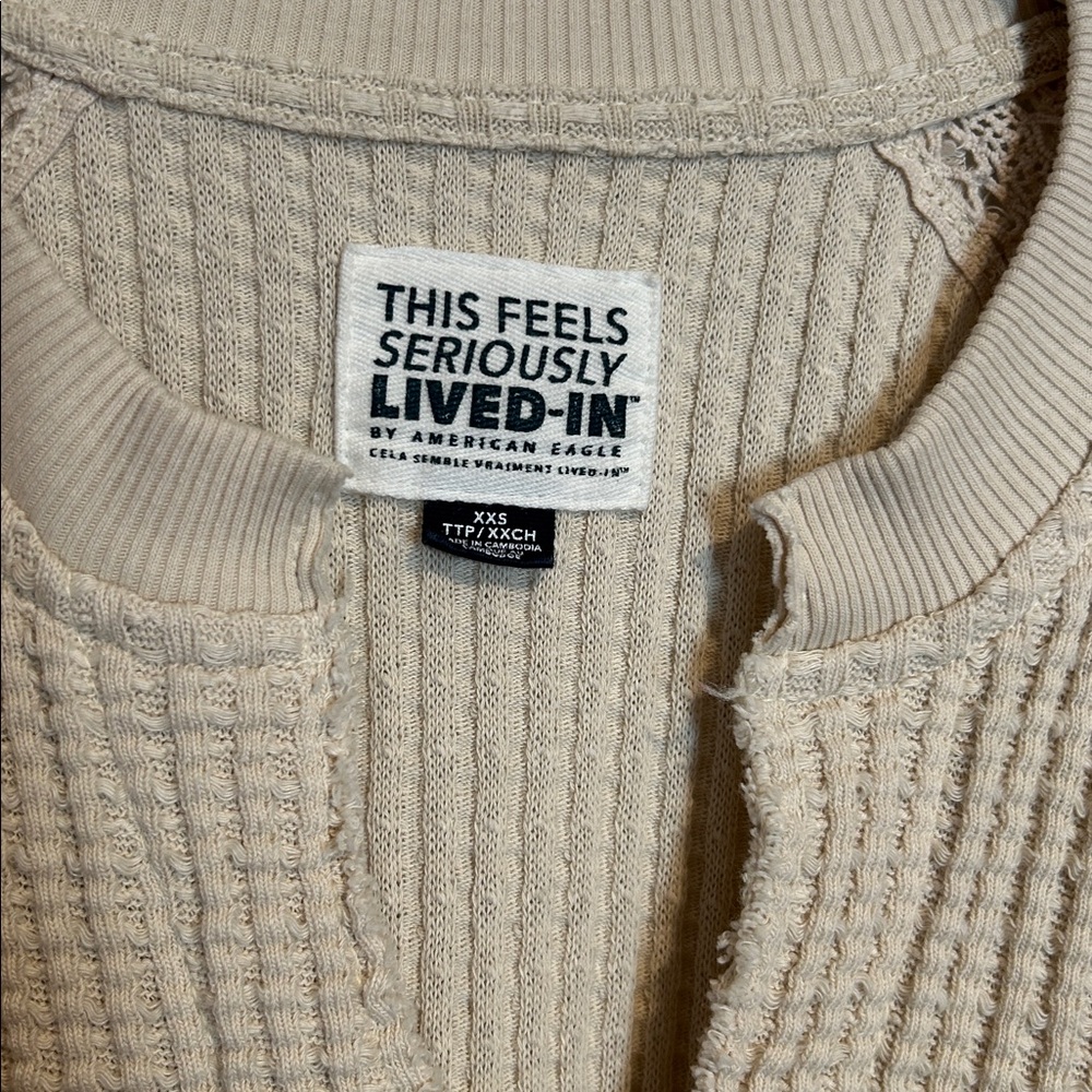 American Eagle Big Hug Notch Neck Waffle Sweatshirt in Cream Women's XXS - Picture 2 of 4